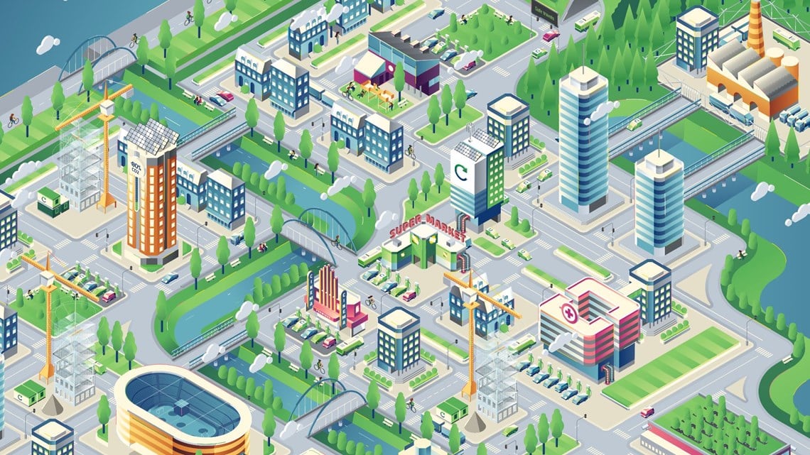 Interaktiivisessa virtuaalikaupungissa voit mm. asentaa puhdastilan sairaalaan ja vaihtaa kaupan…